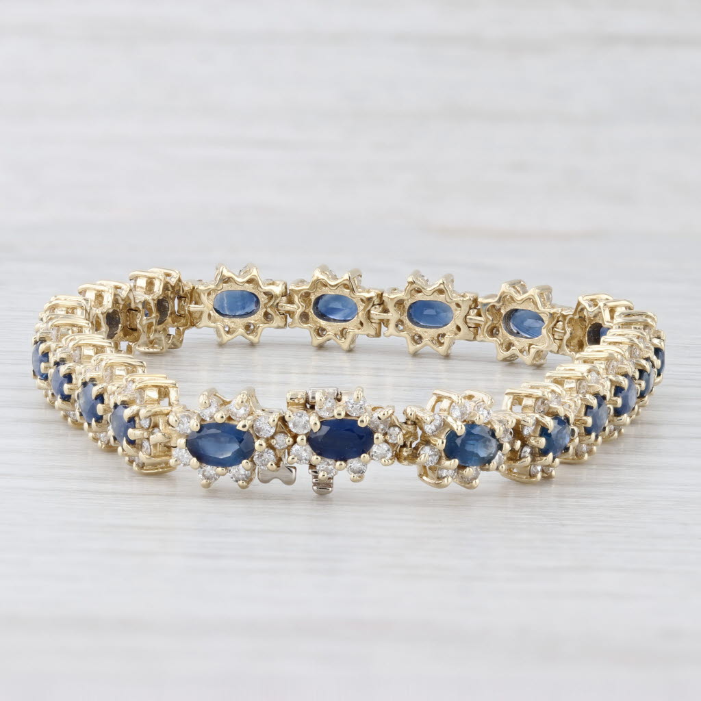 Light Gray Blue Sapphire Diamond Halo Tennis Bracelet 14k Yellow Gold 6.75" 7.6mm