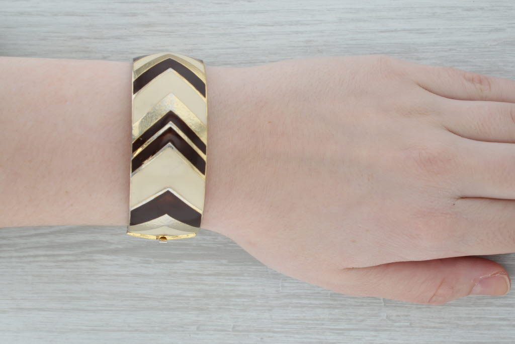 Dark Gray Balenciaga Enamel Mosaic Bangle Bracelet Gold Toned Statement 7" 26.6mm