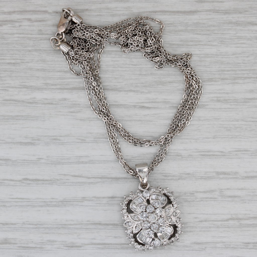 Gray 1.02ctw Diamond Flower Pendant Necklace 14k Gold Multistrand Cable Chain 17"