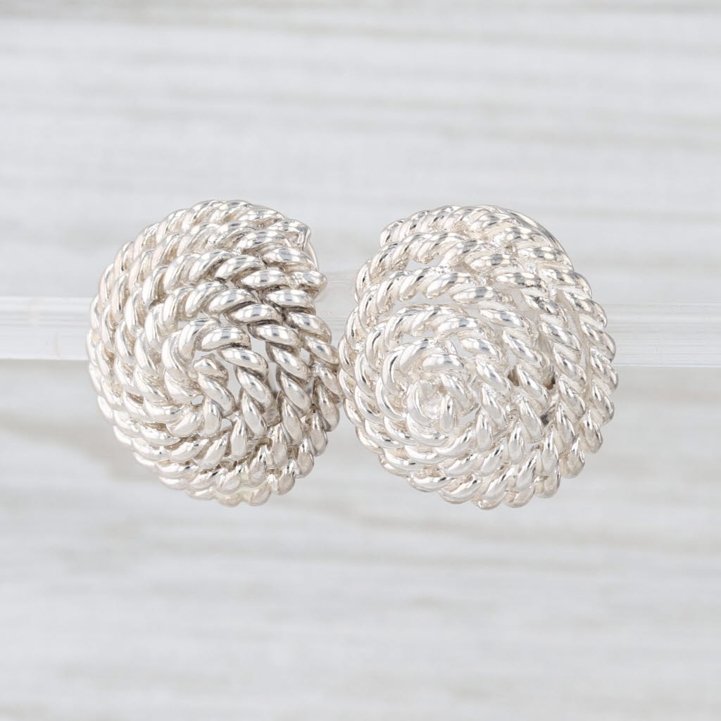 Rope Swirl Button Stud Earrings Sterling Silver Omega Backs