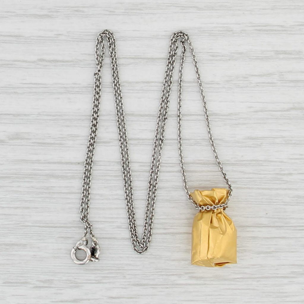 24k Gold Bag Pendant Platinum Necklace 17" Cable Chain