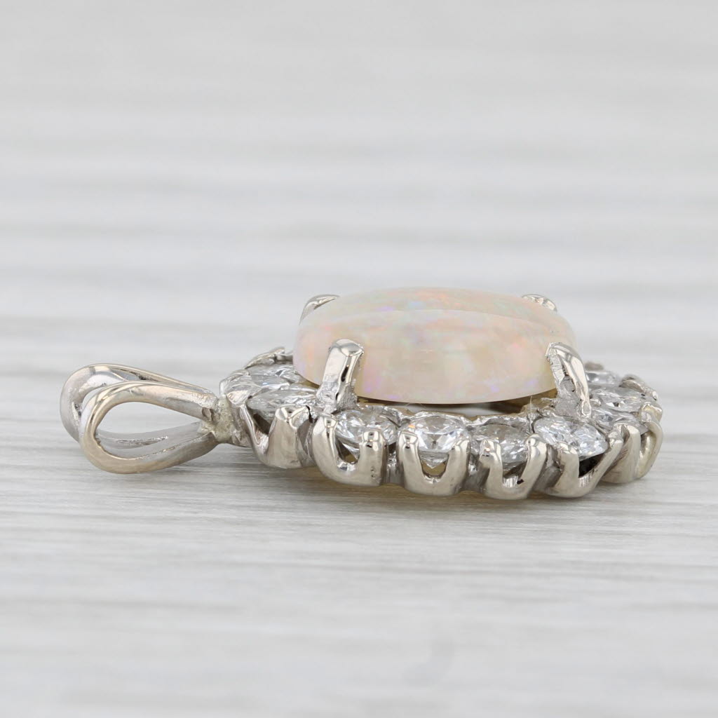Light Gray Opal 0.85ctw Diamond Halo Pendant 14k White Gold Oval Cabochon Drop