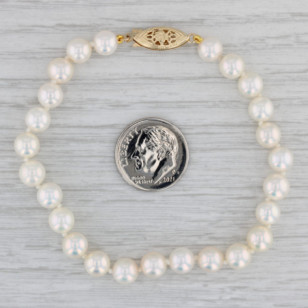 Gray Cultured Pearl Bead Strand Bracelet 14k Gold Floral Clasp 7"