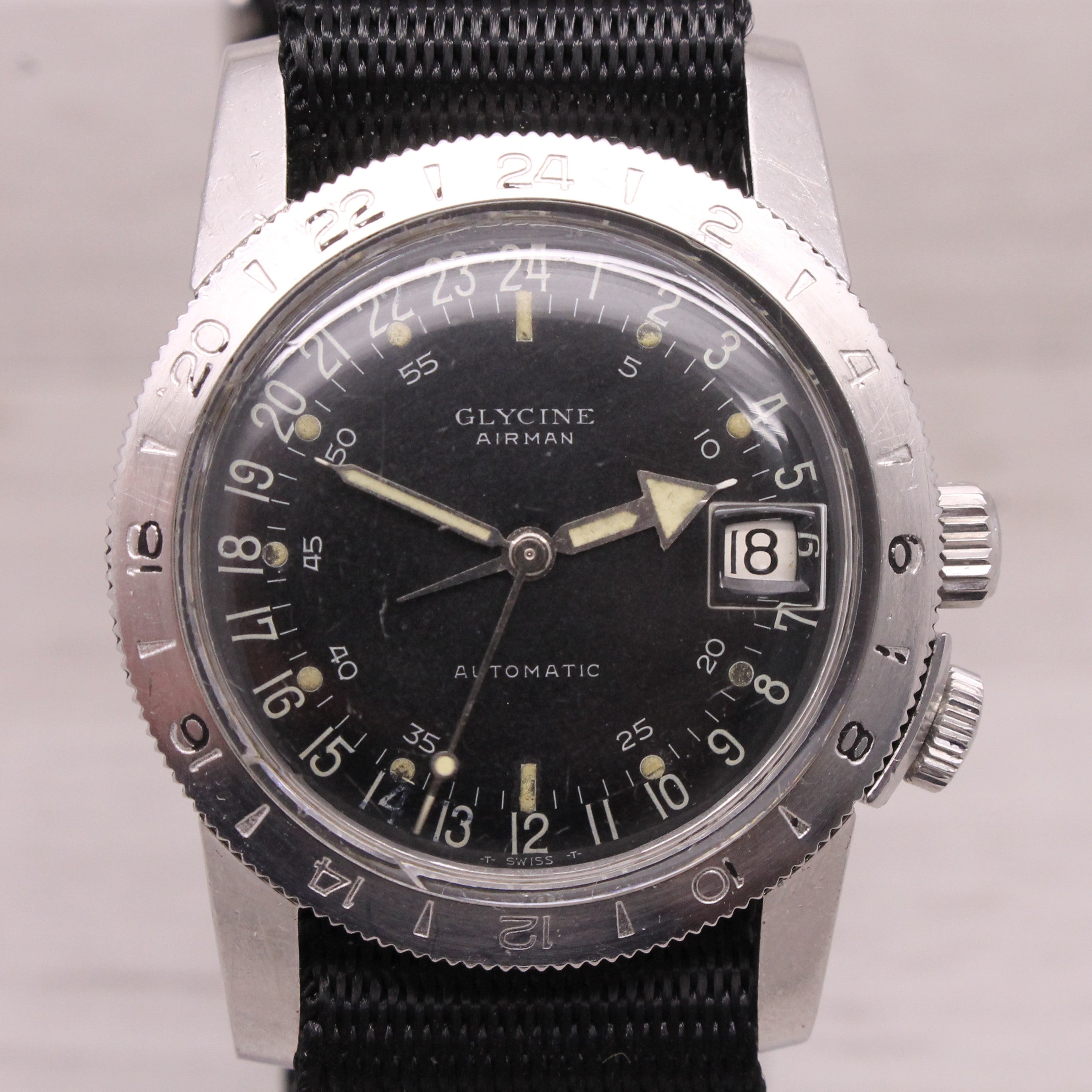Gray Vintage 1960's Glycine Airman 36mm Steel Automatic 24 Hour Mens Watch