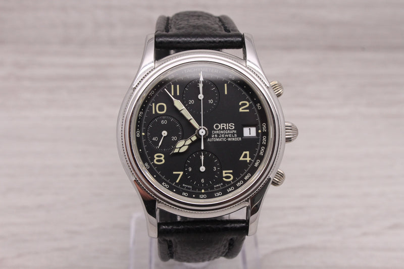Oris 7415B Pilot 38mm Steel Automatic Chronograph Watch w Original Band & Box