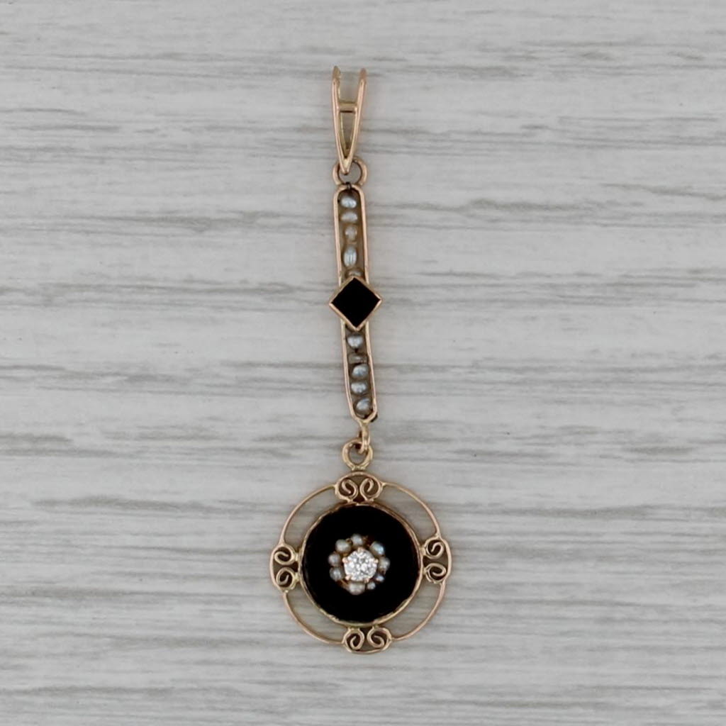Onyx Pearl Diamond Vintage Lavalier Pendant 10k Yellow Gold Filigree Drop