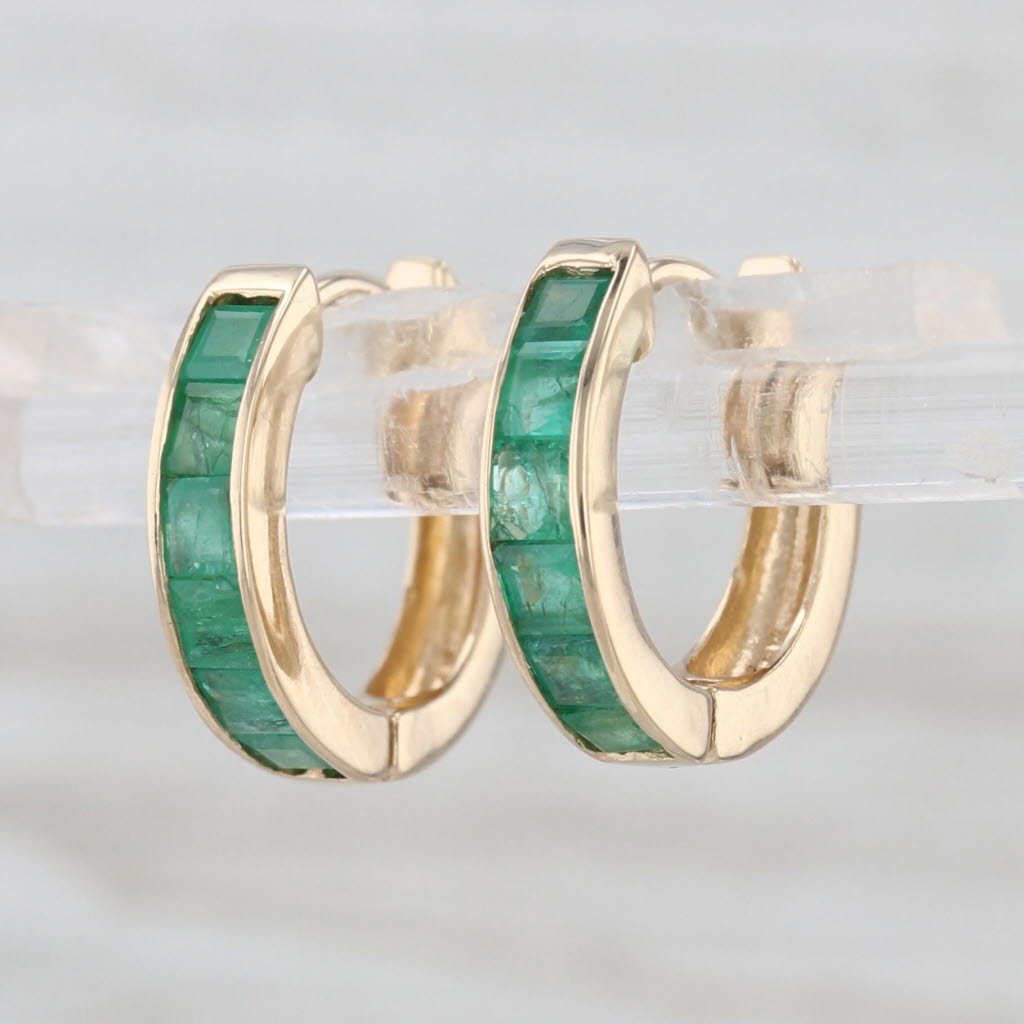 0.90ctw Emerald Hoop Earrings 14k Yellow Gold Hinged Round Hoops Snap Top