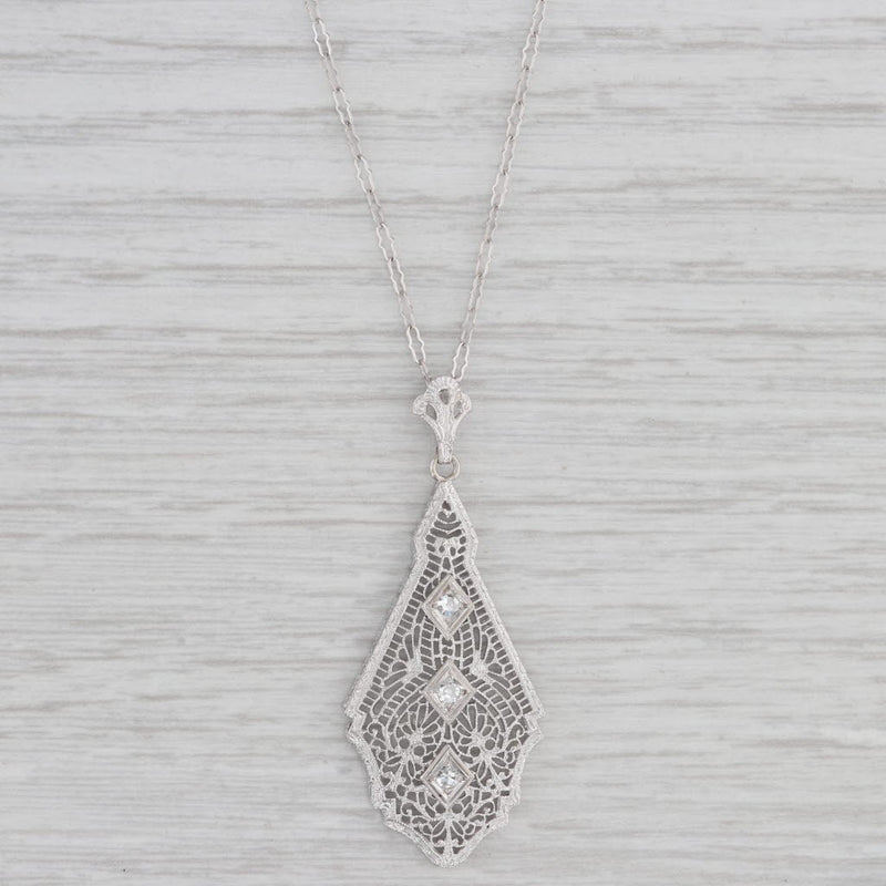 Art Deco Diamond Filigree Pendant Necklace 10k White Gold 17" Crinkle Chain
