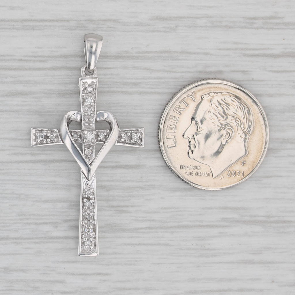 Gray Diamond Heart Cross Pendant 10k White Gold Religious