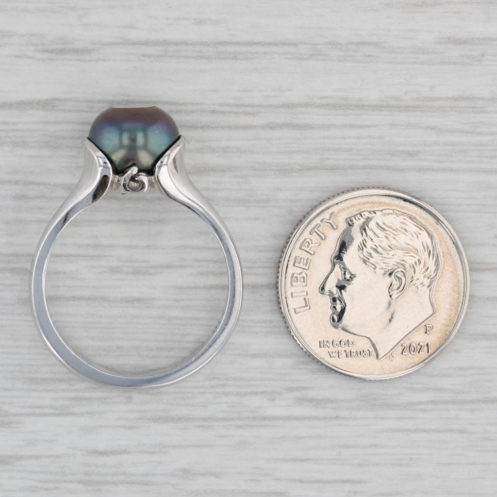 Gray New Galatea Cultured Black Pearl Diamond Ring 14k White Gold Size 6.25