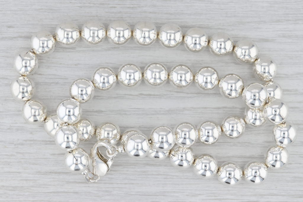 Gray Bead Strand Necklace Sterling Silver 18" 10mm Statement