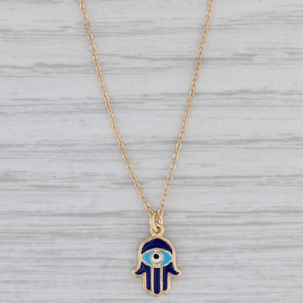 Gray New Blue Enamel Hamsa Hand Pendant Necklace 14k Gold 18" Cable Chain Necklace