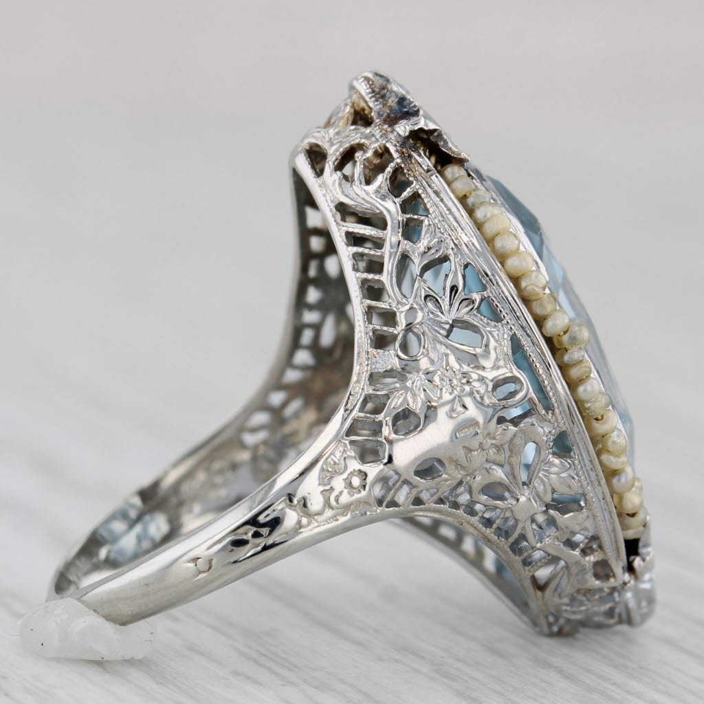 Gray Vintage Lab Created Blue Spinel Diamond Pearls Filigree Ring 14k White Gold Sz 6