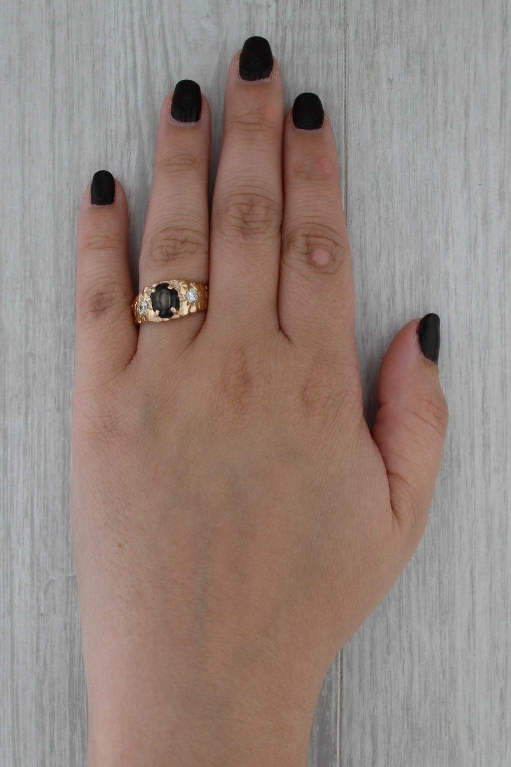 Black Star Sapphire Diamond Ring 14k Yellow Gold Nugget Pattern Size 8.5