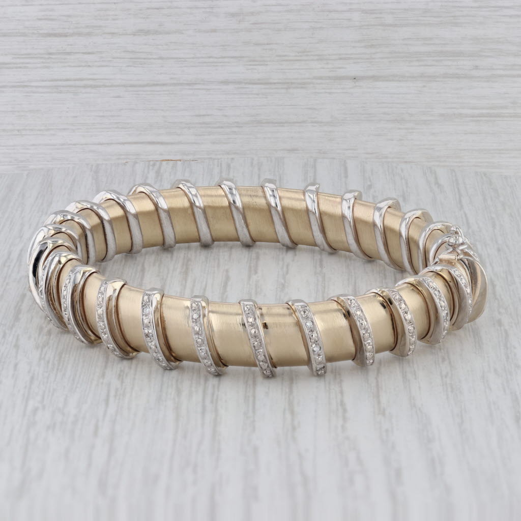 Gray 0.16 ctw Diamond 14K Yellow White Gold Flexible Hinged Bangle Bracelet