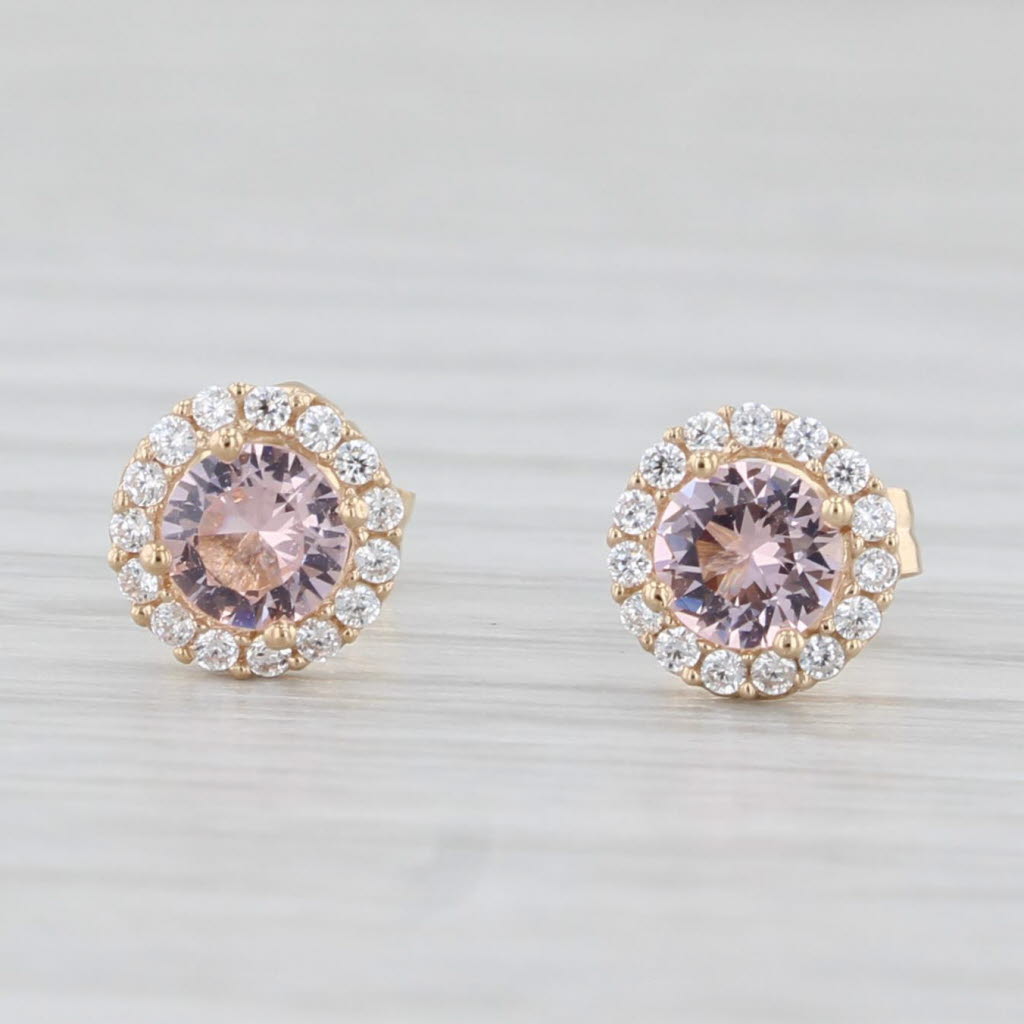 Light Gray Pink Glass Cubic Zirconia Halo Stud Earrings 14k Rose Gold