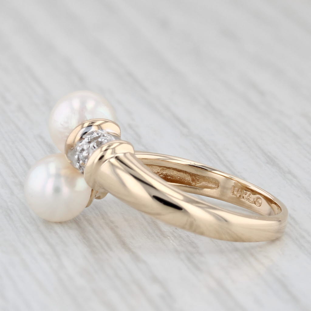 Light Gray Cultured Pearl Diamond Bypass Ring 14k Yellow Gold Size 7