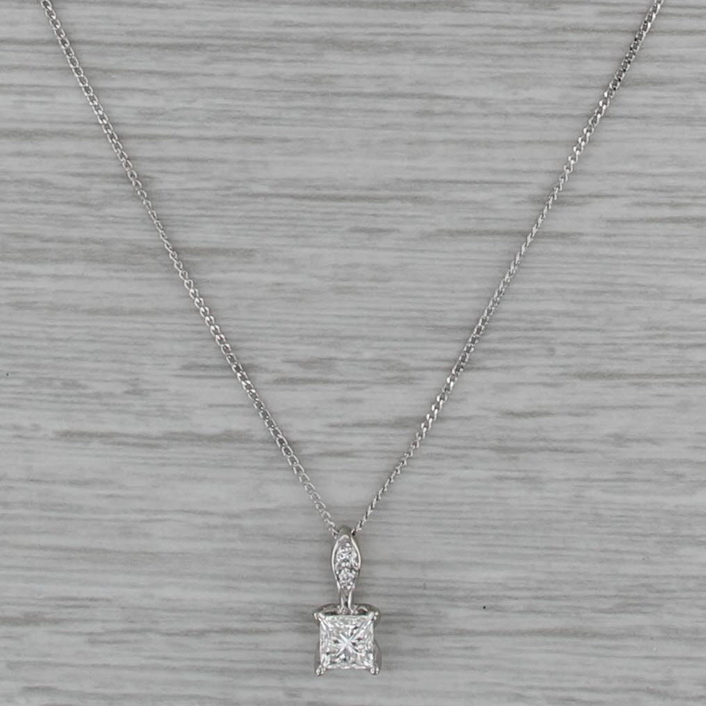 0.57ctw Princess Diamond Pendant Necklace 14k White Gold Adjustable Curb Chain