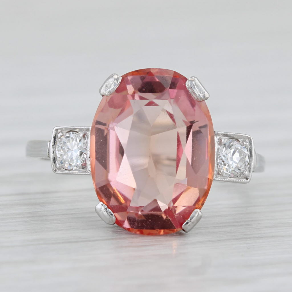 Light Gray 6.29ctw Lab Created Orange Pink Sapphire Diamond Ring Platinum Size 6.5