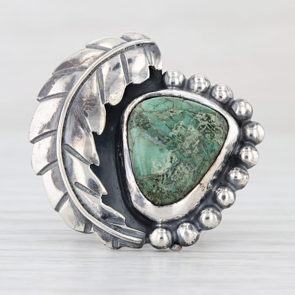 Vintage Green Copper Mineral Resi Feather Ring Sterling Silver Size 6.25
