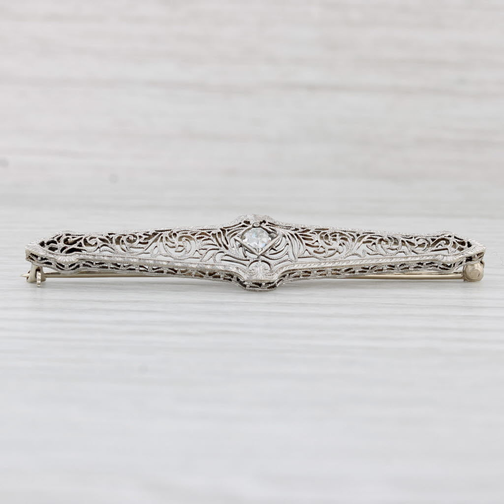 Light Gray Vintage Filigree 0.27ct Diamond Bar Pin 14k Gold Platinum Brooch VS2 Old Mine