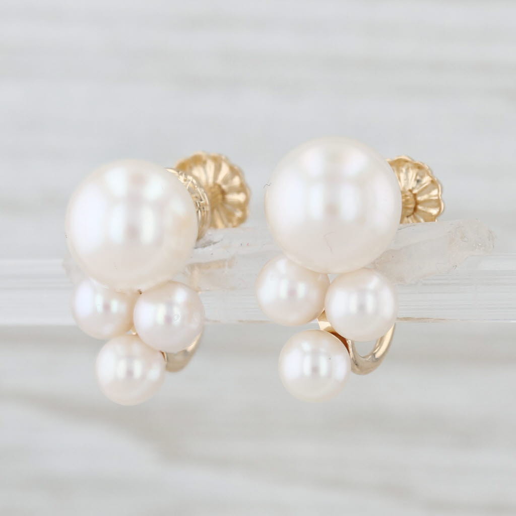 Cultured Pearl Cluster Earrings 14k Yellow Gold Screw Back Non Pierced Vintage