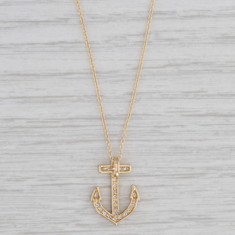 New 0.25ctw Diamond Anchor Pendant Necklace 14k Yellow Gold 18" Cable Chain