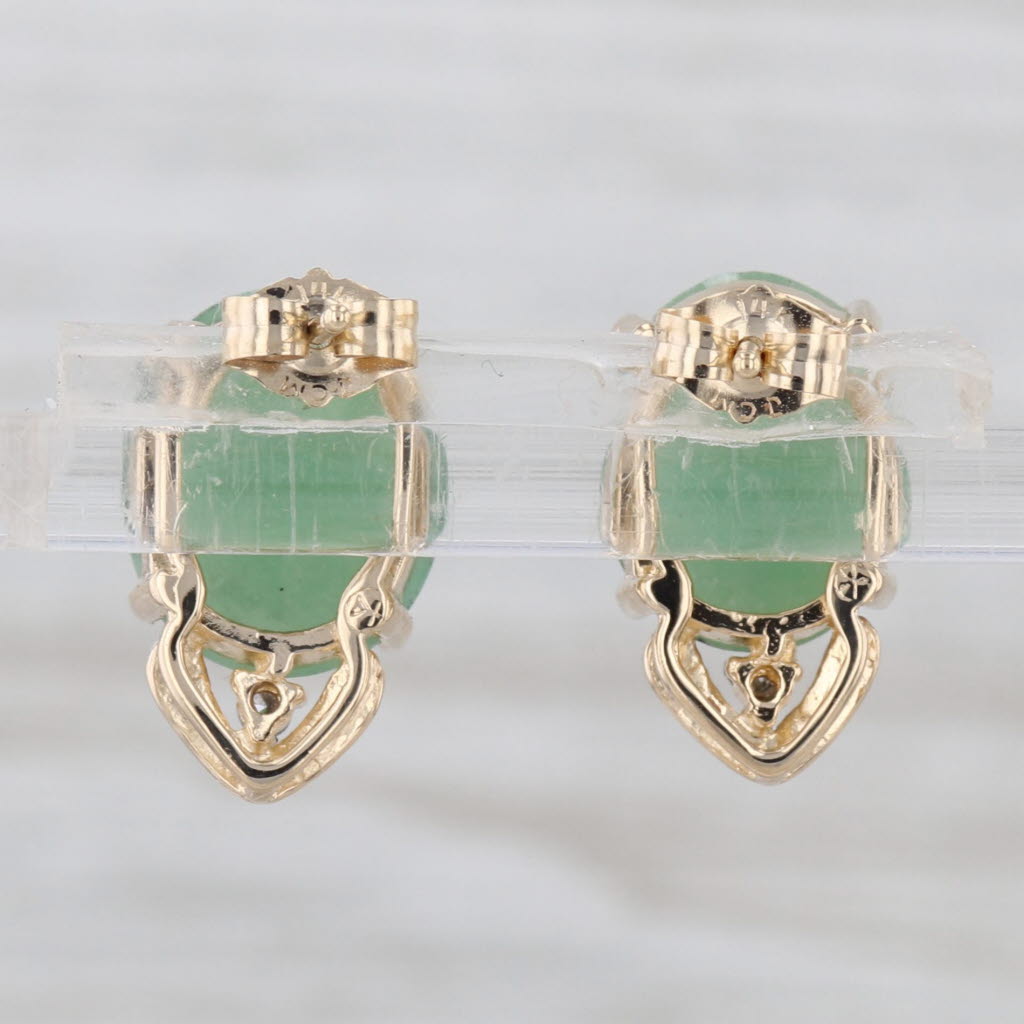 Green Jadeite Jade Diamond Stud Earrings 14k Yellow Gold Studs