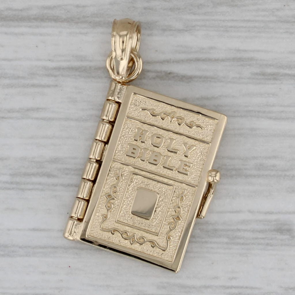 Dark Gray Holy Bible Lord's Prayer Pendant 14k Yellow Gold Opens Engravable Ornate