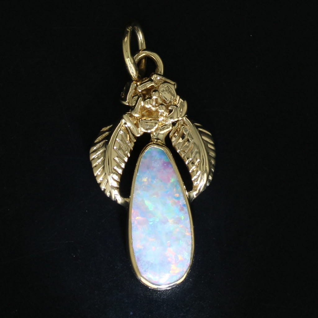 Black Custom Artisan Opal Flower Pendant 14k Yellow Gold Pear Cabochon Charm