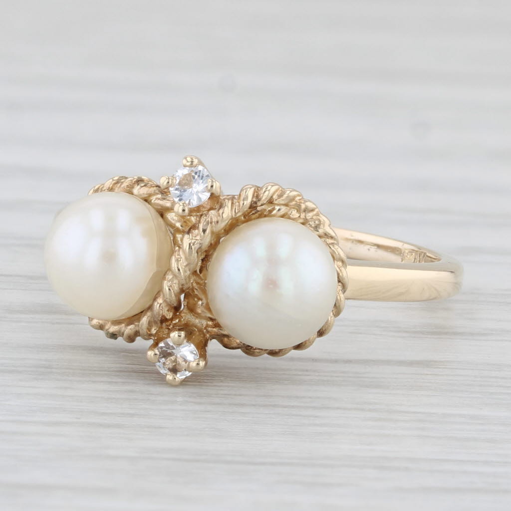 Light Gray Cultured Pearl Cubic Zirconia Ring 10k Yellow Gold Size 8