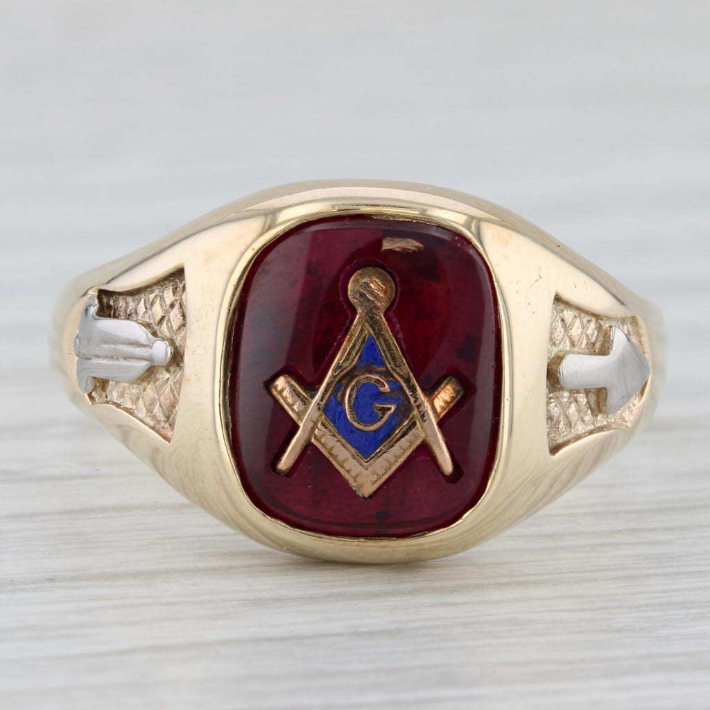 Light Gray Masonic Square Compass Signet Ring 10k Gold Lab Created Ruby Vintage Blue Lodge