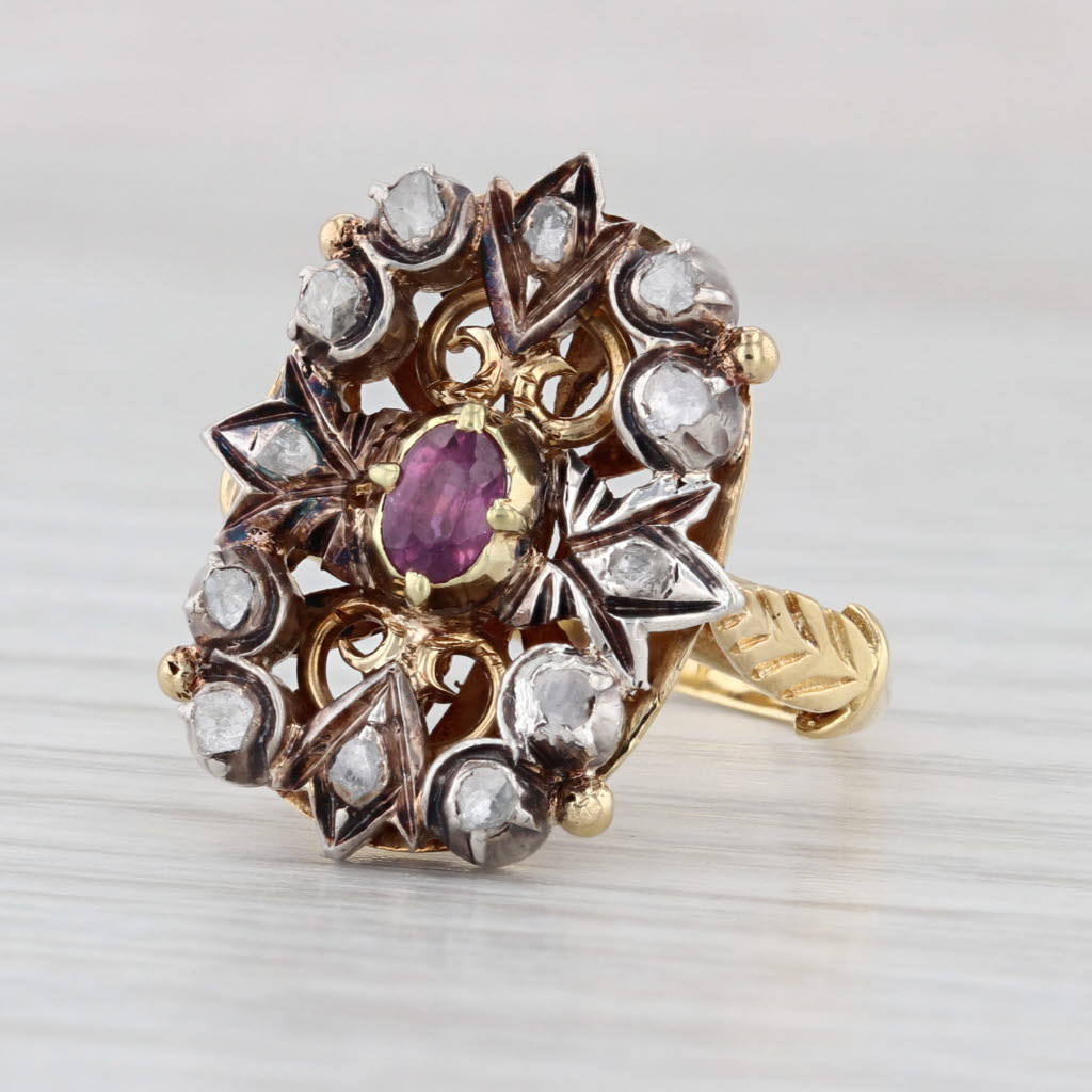 Antique 0.54ctw Ruby Diamond Ornate Floral Ring 18k Gold Silver Size 6.5