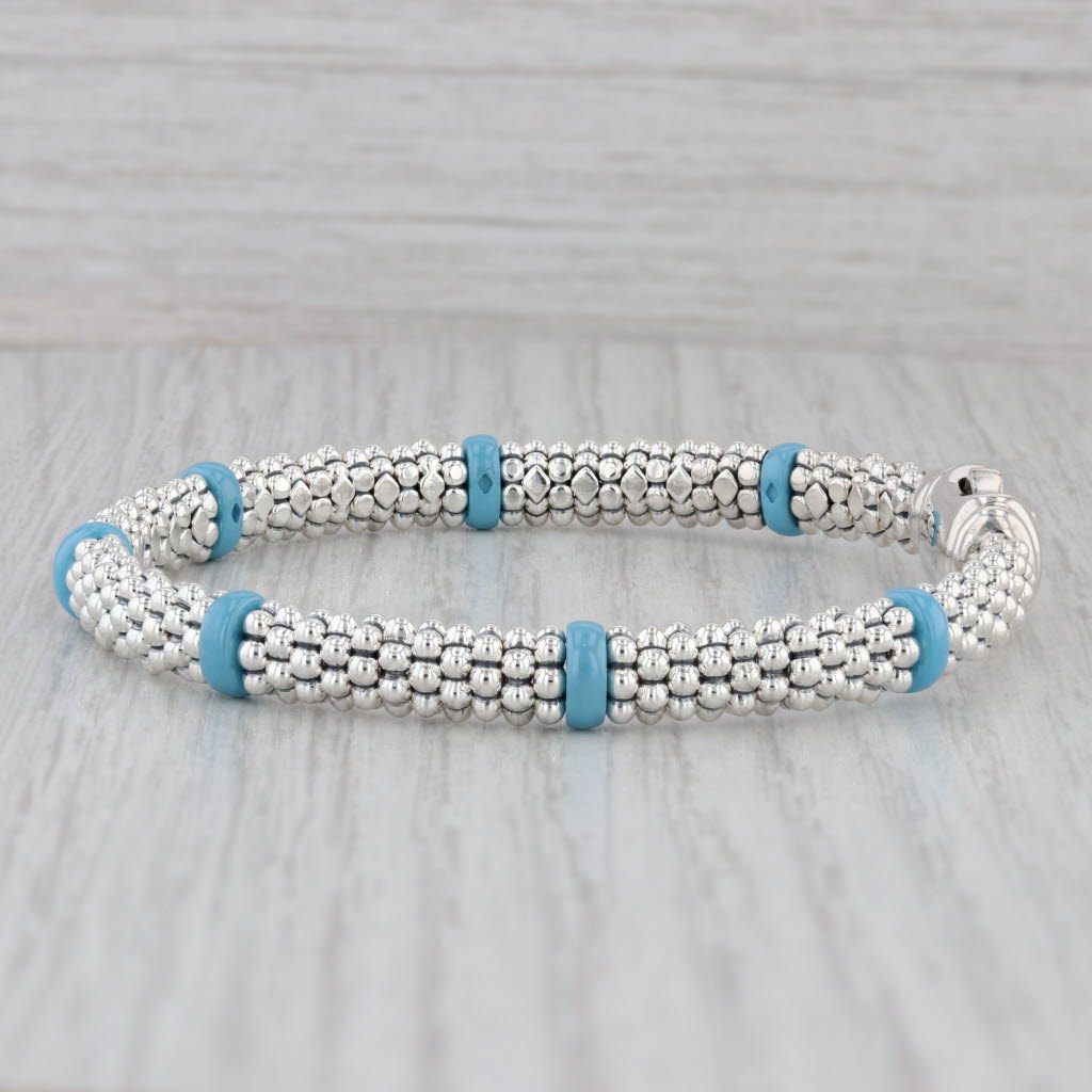 Gray New Lagos Blue Ceramic Station Caviar Bracelet Sterling Silver 6mm Medium Pouch