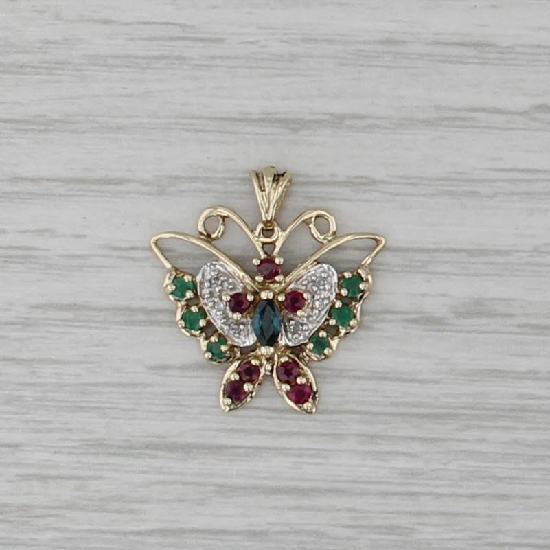0.78ctw Gemstone Butterfly Pendant 10k Gold Ruby Emerald Sapphire Diamond