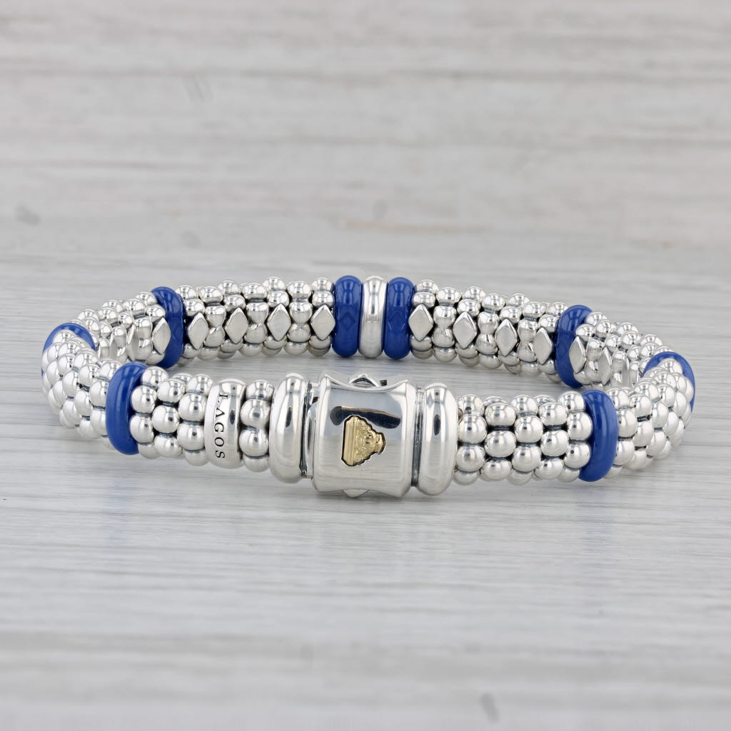 Gray Lagos Bead Bracelet 0.10ctw Diamond Sterling Silver Blue Ceramic 6.75" w/ Bag