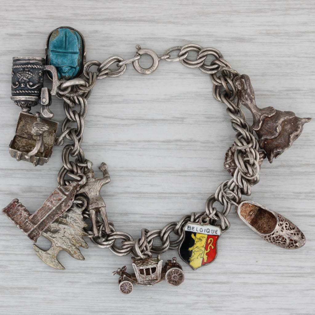 Gray Vintage Mixed Themed Charm Bracelet Sterling Silver Enamel Souvenir British 6"