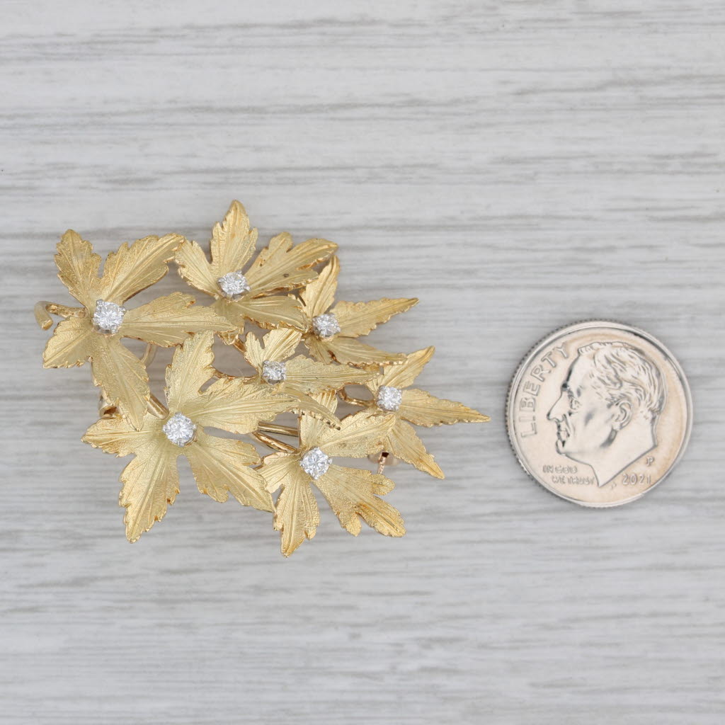 Gray 0.35ctw Diamond Flower Brooch 10k Yellow Gold Floral Statement Pin