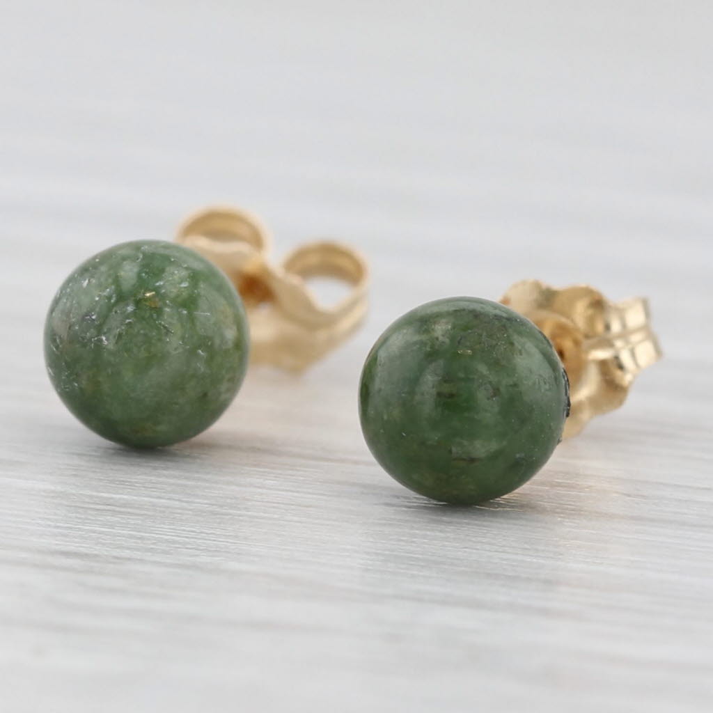 Light Gray Vintage Green Nephrite Jade Bead Stud Earrings 14k Yellow Gold