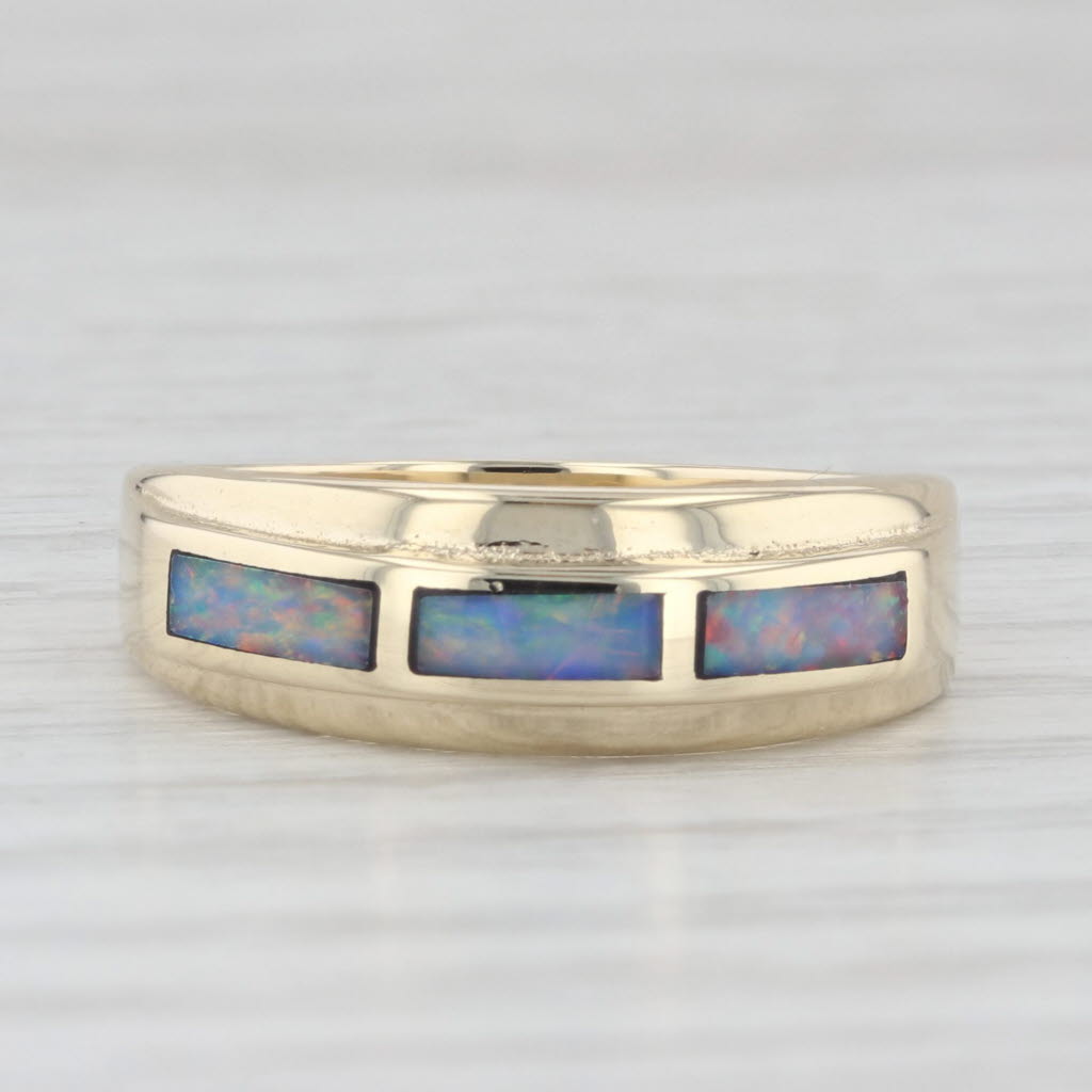 Light Gray Multicolor Opal Inlay Mosaic Ring 14k Yellow Gold Size 7.25 Stackable Band