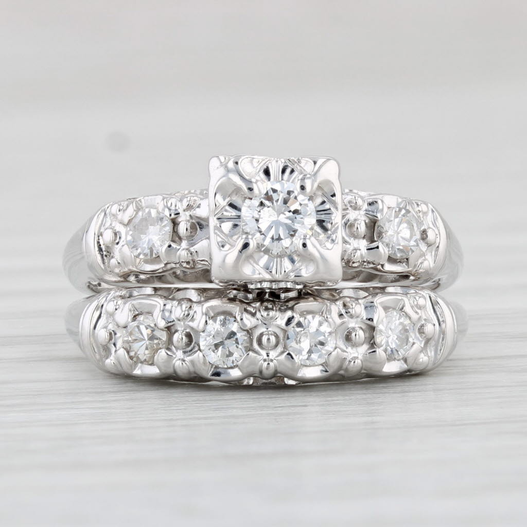 Light Gray Vintage 0.41ctw Diamond Engagement Ring Wedding Band Bridal Set 14k Gold Sz 6.25