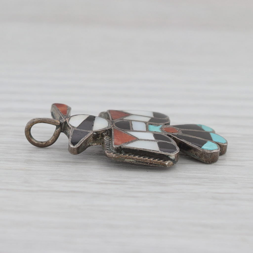 Gray Native American Thunderbird Pendant Sterling Silver Stone Mosaic Zuni Tribe