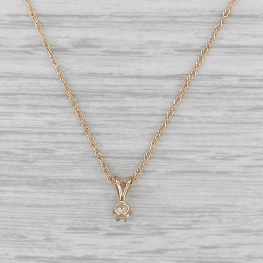 Small Round Diamond Solitaire Pendant Necklace 14k Yellow Gold 16.5" Rope Chain