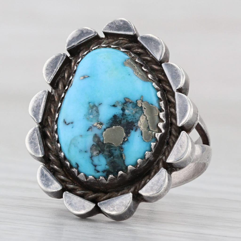 Vintage Native American Turquoise Cabochon Ring Sterling Silver Size 5.25