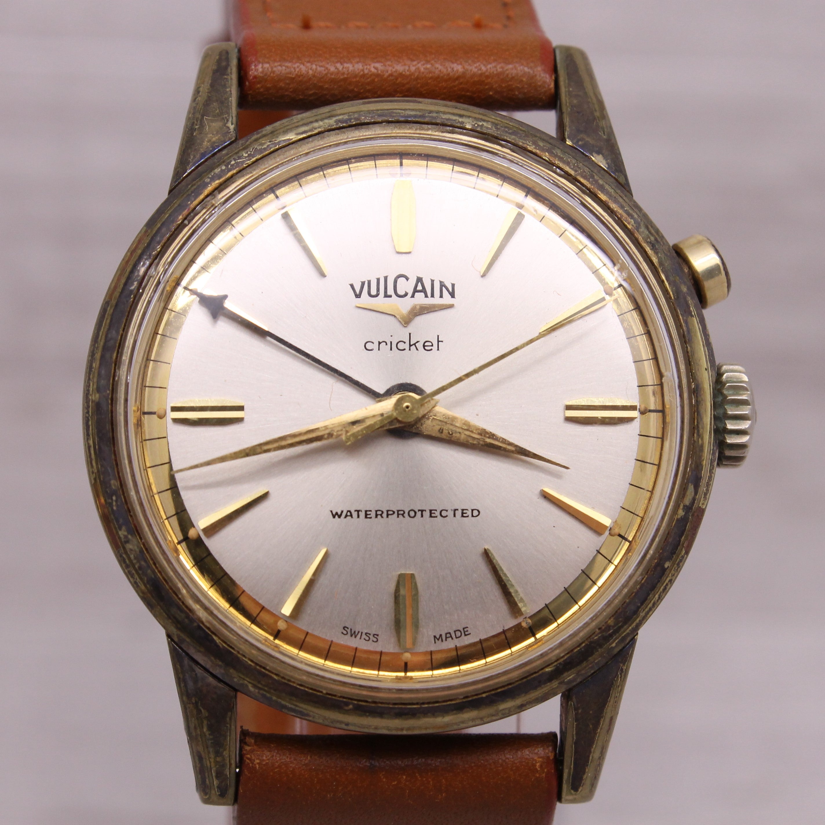 Dark Gray Vintage c.1960's Vulcain Cricket 34mm Plated Mens Manual Alarm Watch ORIGINAL