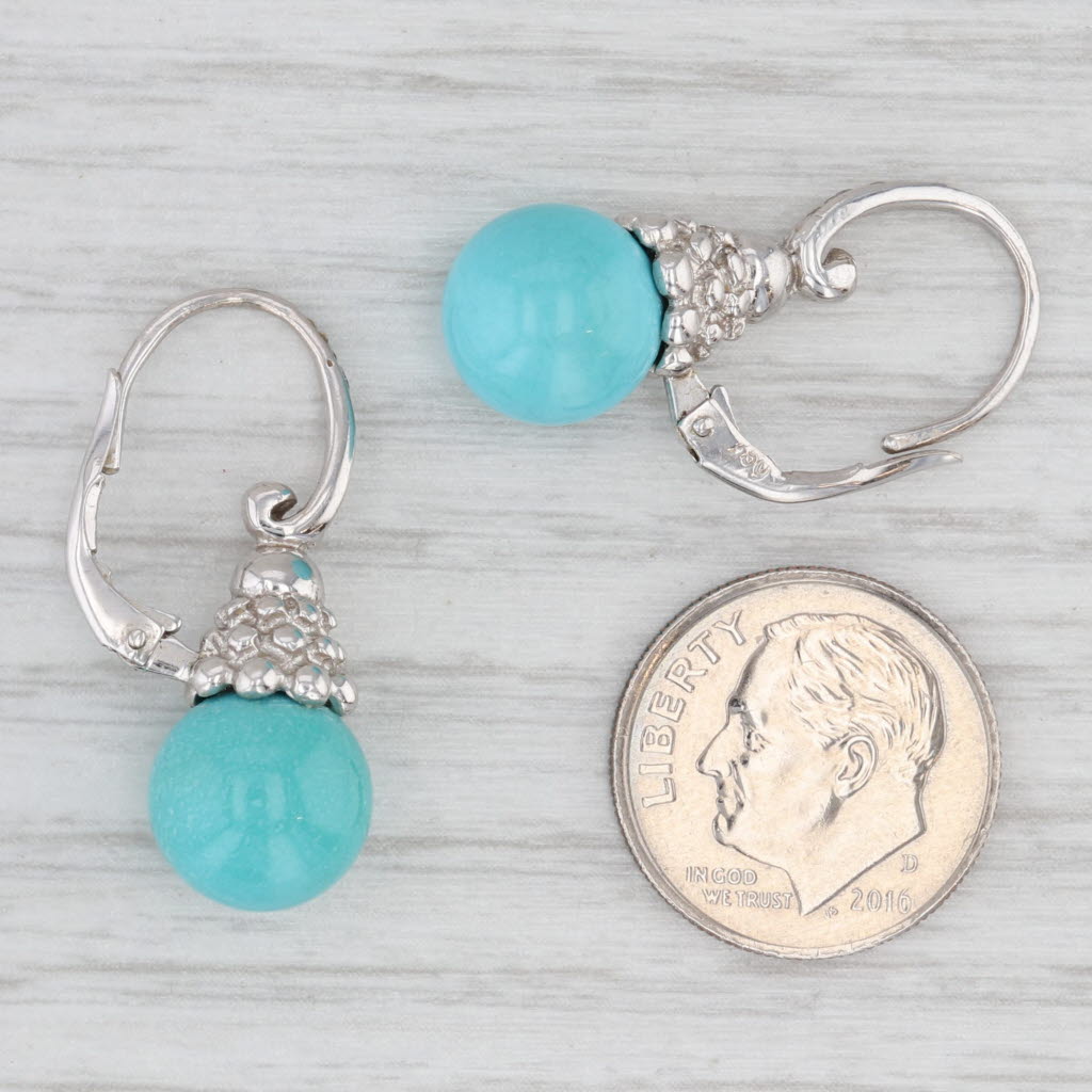 Light Gray Turquoise Bead Drop Earrings 18k White Gold Lever Backs Diamond Accents