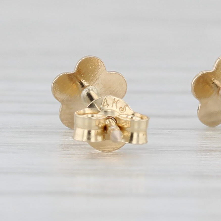 Light Gray Small Pink Enamel Flower Stud Earrings 14k Yellow Gold