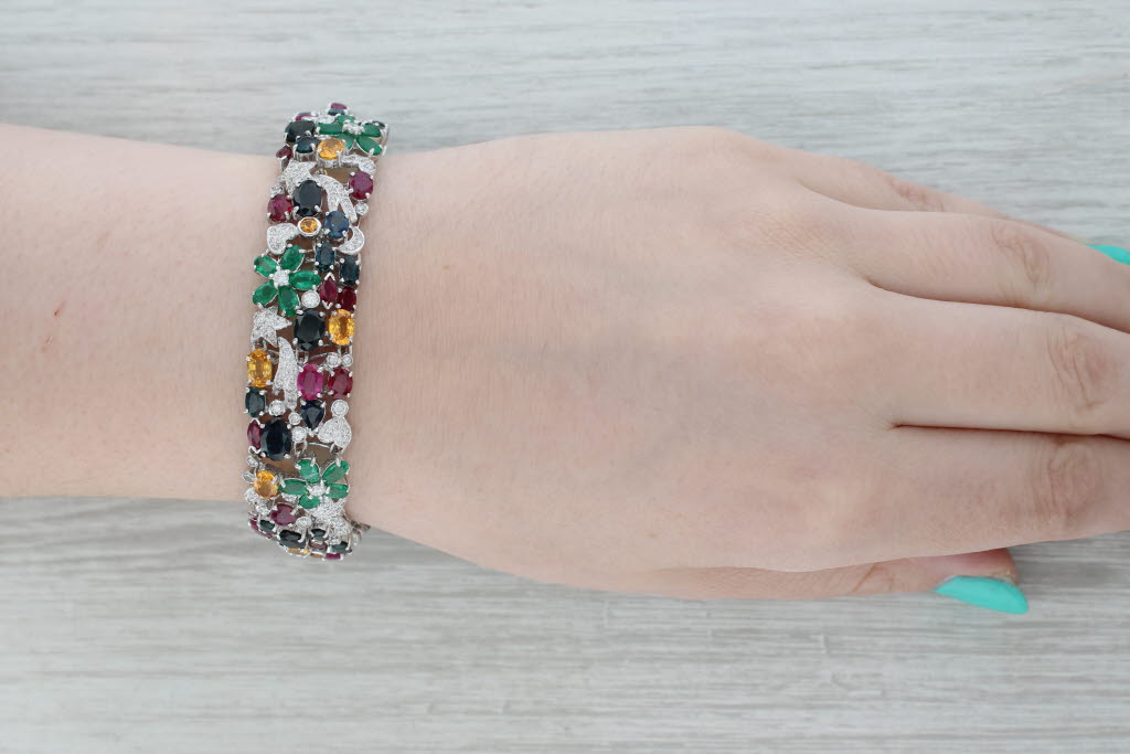 Gray 38.38ctw Tutti Frutti Gemstone Bracelet 18k Gold Ruby Emerald Sapphire Diamond