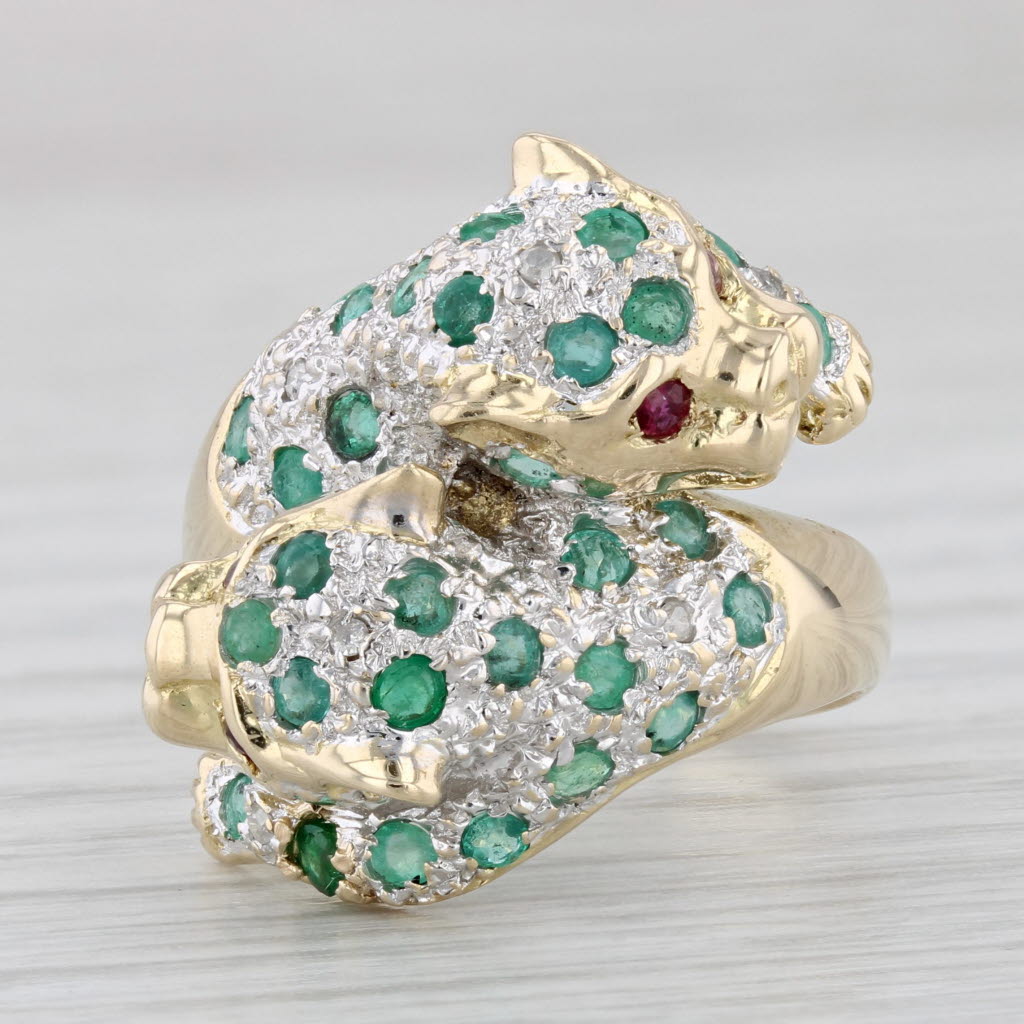 Light Gray 0.76ctw Emerald Ruby Diamond Panther Ring 14k Yellow Gold Size 6.5