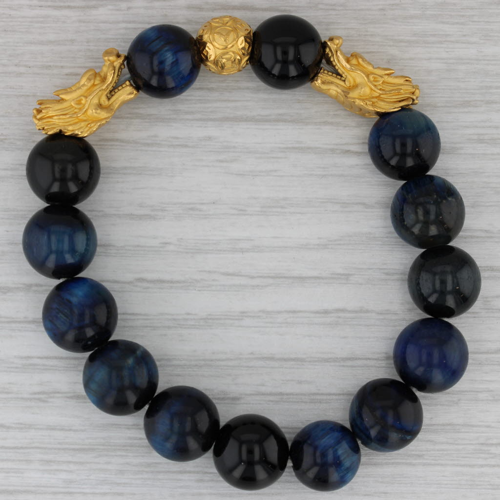 Dark Gray Gold Dragon Stretchable Bead Bracelet Blue Tiger's Eye Onyx Obsidian 6.75"